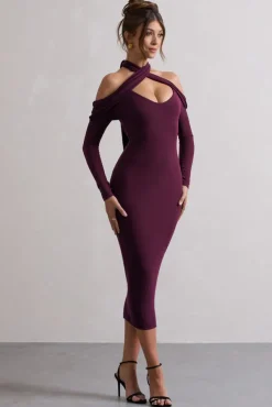 Duet | Plum Rib Knit Halter-Neck Midi Dress With Cut-Out