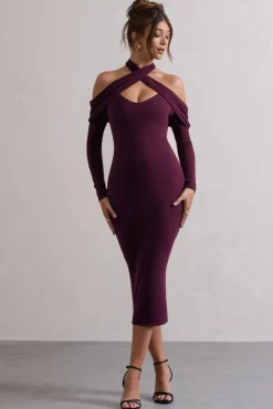 Duet | Plum Rib Knit Halter-Neck Midi Dress With Cut-Out