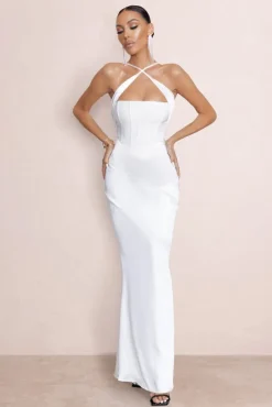 Dulcet | White Cross Over Neck Corset Maxi Dress