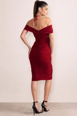 Dulcie | Burgundy Halter Neck Cut Out Ruched Midi Dress