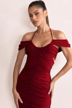 Dulcie | Burgundy Halter Neck Cut Out Ruched Midi Dress