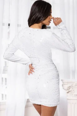 Dynamic | White Sequin Plunge Mini Dress With Gathering