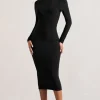Dynasty Darling | Black Cowl-Back Long-Sleeved Bodycon Midi Dress