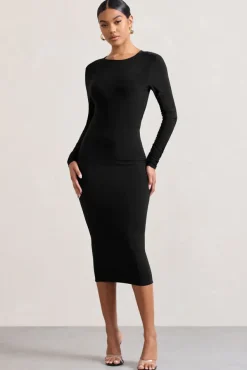 Dynasty Darling | Black Cowl-Back Long-Sleeved Bodycon Midi Dress
