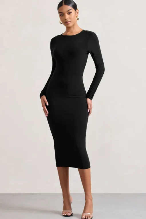 Dynasty Darling | Black Cowl-Back Long-Sleeved Bodycon Midi Dress