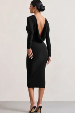 Dynasty Darling | Black Cowl-Back Long-Sleeved Bodycon Midi Dress