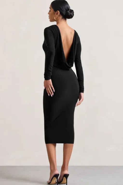 Dynasty Darling | Black Cowl-Back Long-Sleeved Bodycon Midi Dress