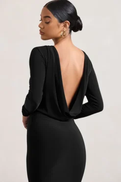 Dynasty Darling | Black Cowl-Back Long-Sleeved Bodycon Midi Dress