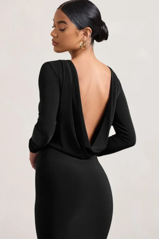Dynasty Darling | Black Cowl-Back Long-Sleeved Bodycon Midi Dress