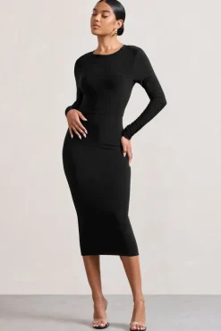 Dynasty Darling | Black Cowl-Back Long-Sleeved Bodycon Midi Dress