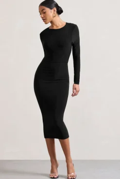 Dynasty Darling | Black Cowl-Back Long-Sleeved Bodycon Midi Dress