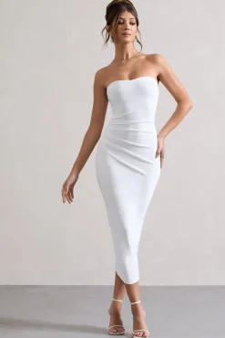East End | White Strapless Gathered Midi Dress