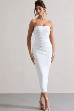 East End | White Strapless Gathered Midi Dress