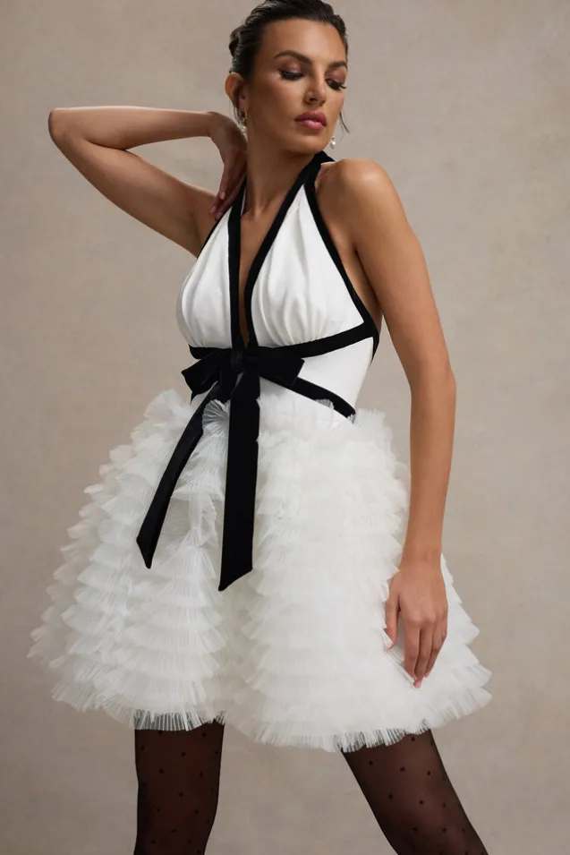 Eclair | Black u0026 White Plunge-Neck Mini Dress With Tulle Skirt
