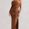 Ecuador | Camel Crinkle Asymmetric One-Sleeve Cut-Out Maxi Dress