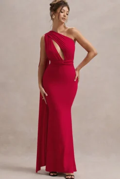 Elaina | Red Asymmetric Knot Maxi Dress With Sash