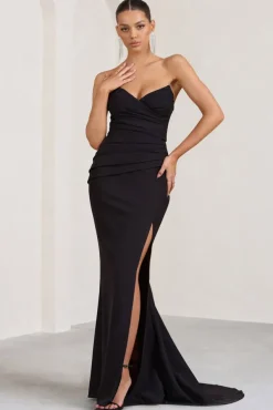Elene | Black Pleated Split Fishtail Maxi Dress