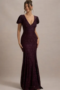 Elestria | Port Lace V-Neck Puff-Sleeve Maxi Dress