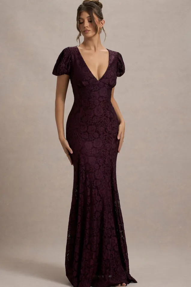 Elestria | Port Lace V-Neck Puff-Sleeve Maxi Dress