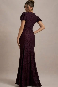 Elestria | Port Lace V-Neck Puff-Sleeve Maxi Dress