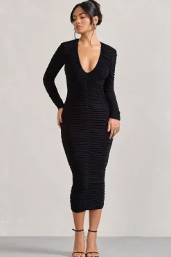 Elisabeth | Black V-Neck Long-Sleeved Midi Dress