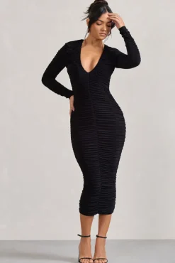 Elisabeth | Black V-Neck Long-Sleeved Midi Dress