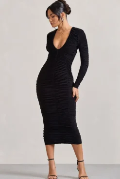 Elisabeth | Black V-Neck Long-Sleeved Midi Dress