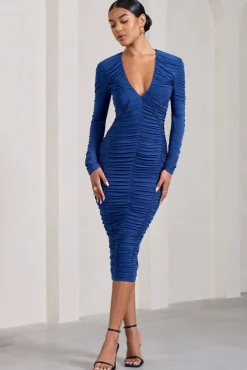 Elisabeth | Cobalt Blue V-Neck Long-Sleeved Midi Dress