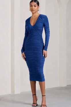 Elisabeth | Cobalt Blue V-Neck Long-Sleeved Midi Dress