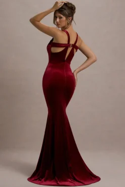 Elisabetta | Berry Velvet Plunge-Neck Fishtail Maxi Dress