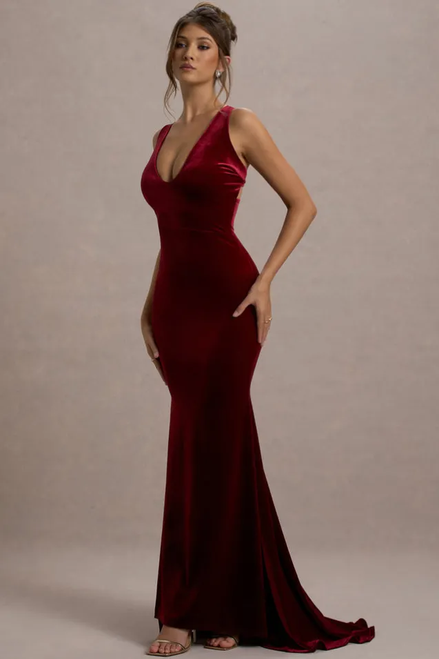 Elisabetta | Berry Velvet Plunge-Neck Fishtail Maxi Dress
