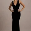 Elisabetta | Black Velvet Plunge-Neck Fishtail Maxi Dress