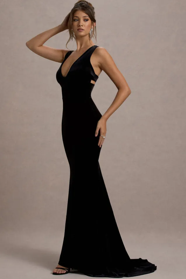 Elisabetta | Black Velvet Plunge-Neck Fishtail Maxi Dress