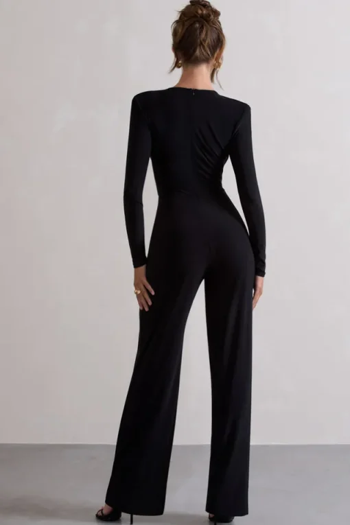 Elisha | Black Plunge-Neck Wide-Leg Jumpsuit