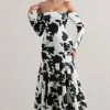 Elite | Cream Floral Print Bardot Maxi Dress With Volume Hem
