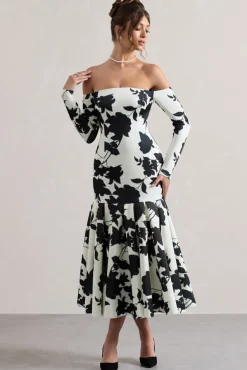 Elite | Cream Floral Print Bardot Maxi Dress With Volume Hem