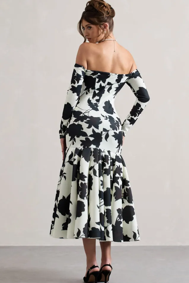 Elite | Cream Floral Print Bardot Maxi Dress With Volume Hem