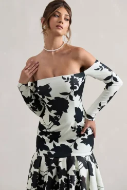 Elite | Cream Floral Print Bardot Maxi Dress With Volume Hem