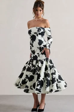 Elite | Cream Floral Print Bardot Maxi Dress With Volume Hem