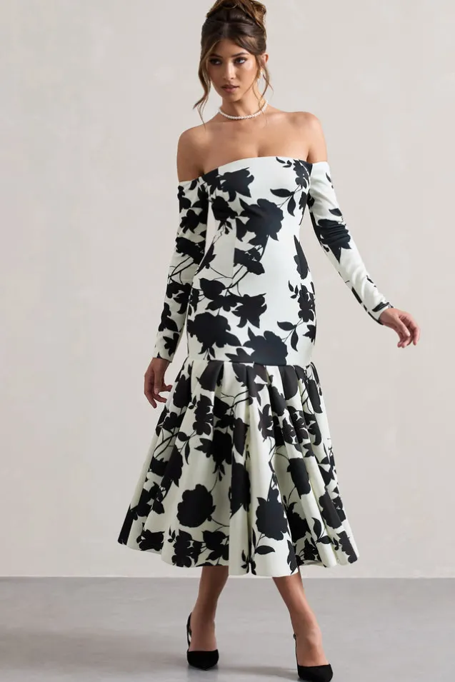 Elite | Cream Floral Print Bardot Maxi Dress With Volume Hem