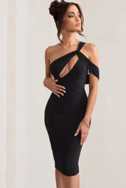 Ella | Black Asymmetric Neck Cut Out Midi Dress