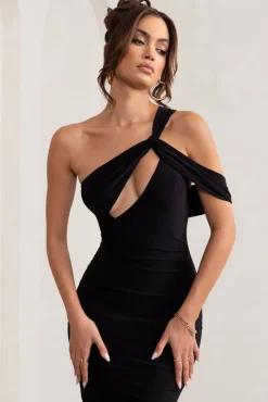 Ella | Black Asymmetric Neck Cut Out Midi Dress