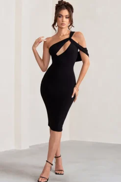 Ella | Black Asymmetric Neck Cut Out Midi Dress