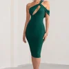 Ella | Bottle Green Asymmetric Neck Cut Out Midi Dress