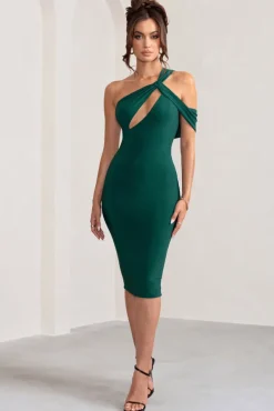 Ella | Bottle Green Asymmetric Neck Cut Out Midi Dress