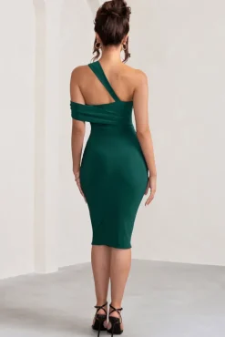 Ella | Bottle Green Asymmetric Neck Cut Out Midi Dress