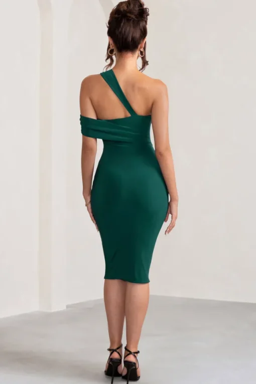 Ella | Bottle Green Asymmetric Neck Cut Out Midi Dress