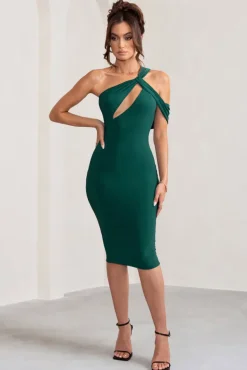 Ella | Bottle Green Asymmetric Neck Cut Out Midi Dress