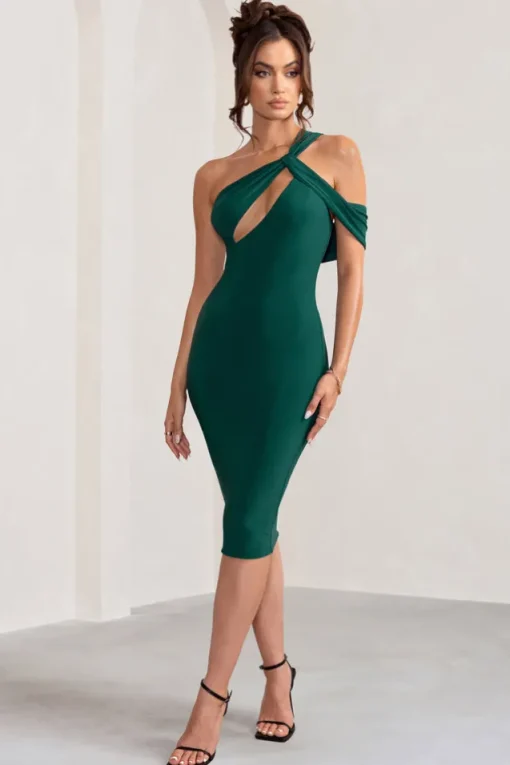 Ella | Bottle Green Asymmetric Neck Cut Out Midi Dress