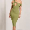 Ella | Olive Asymmetric Neck Cut Out Midi Dress